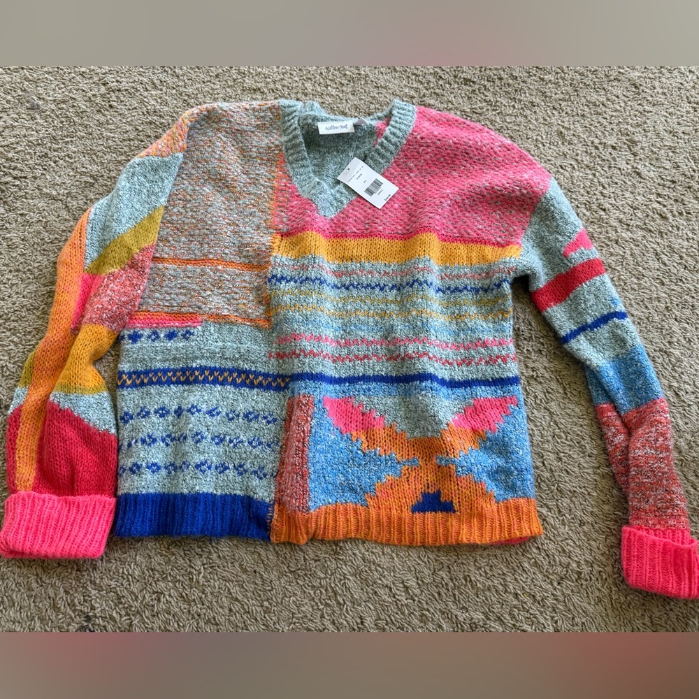 Willow & Root Pink and Orange V-Neck Sweater, NWT, small